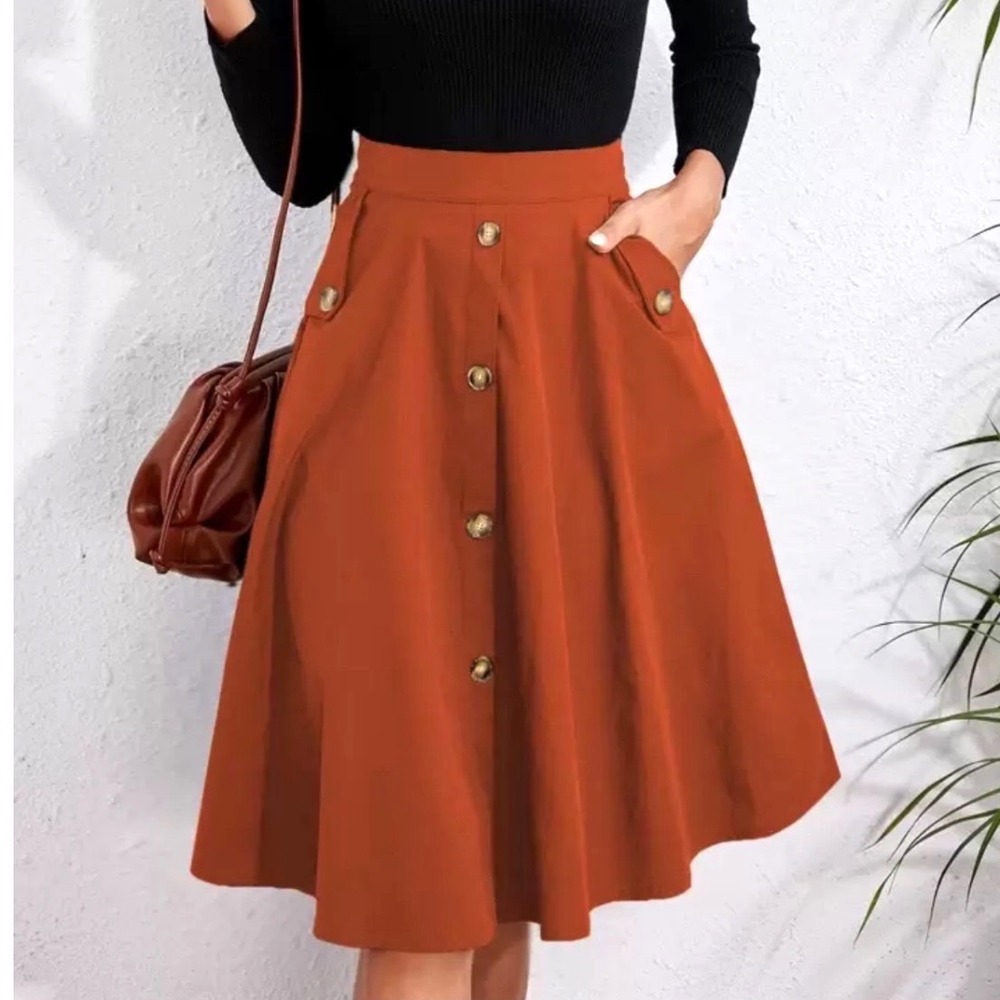Burnt Orange Button Front A-Line Midi Skirt XL Pockets Cottagecore Academia